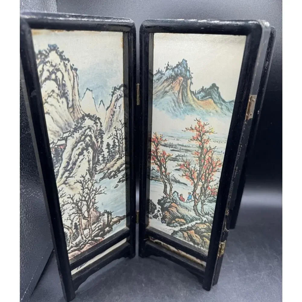 Vintage Asian Style 4 Panel Folding Doll House Screen Hand Painted Landscape